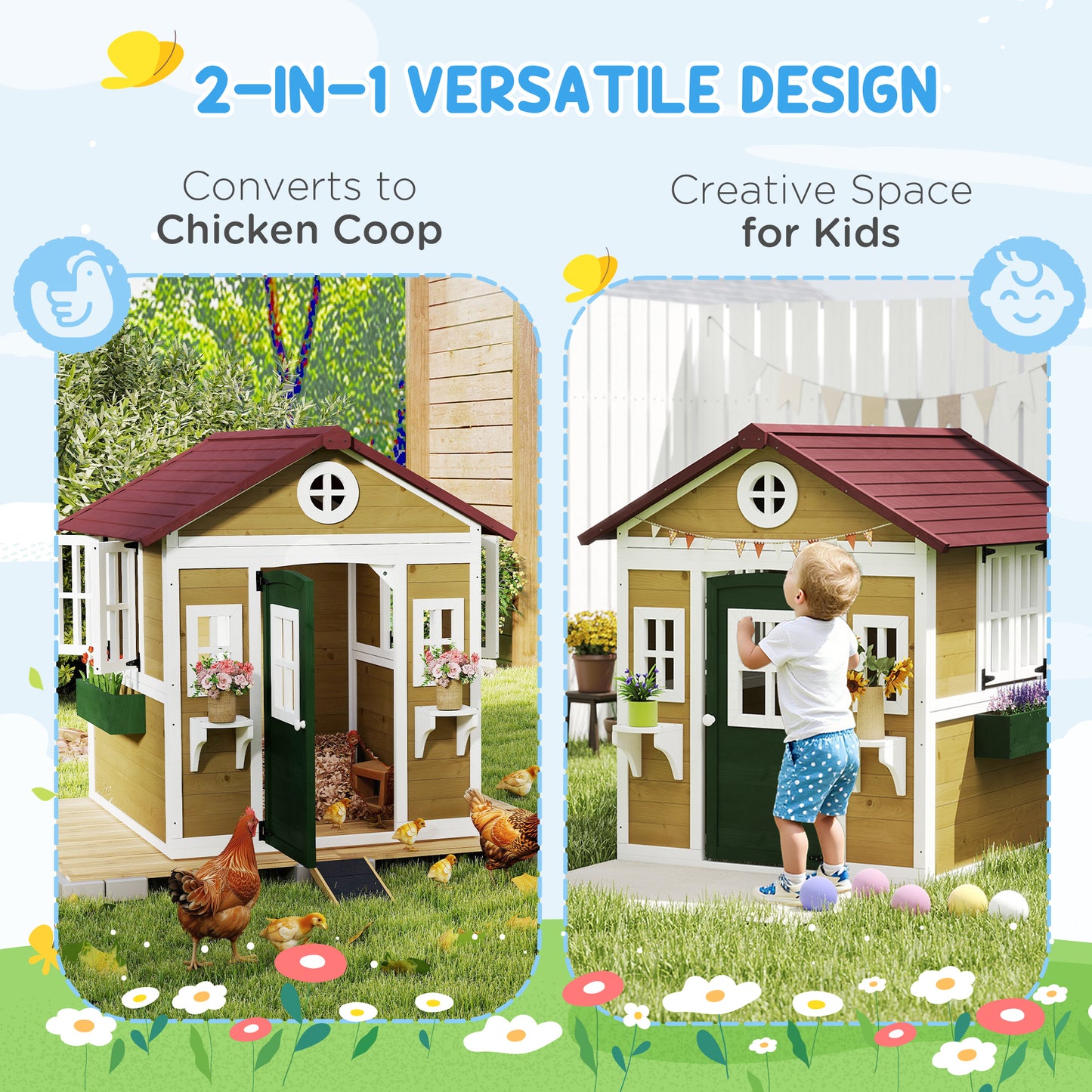 Wooden Playhouse with Doors, Windows, Plant Pots, Boxes, for 3-8 Years - Beige