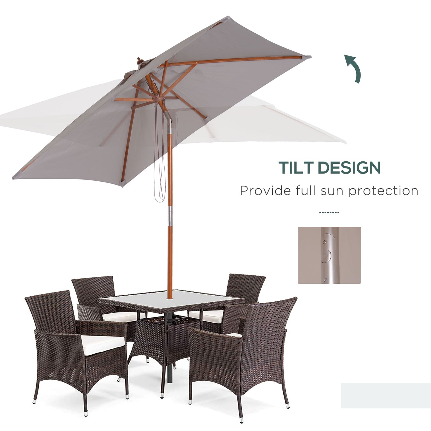 2m Tilting Wooden Pole Parasol - Grey