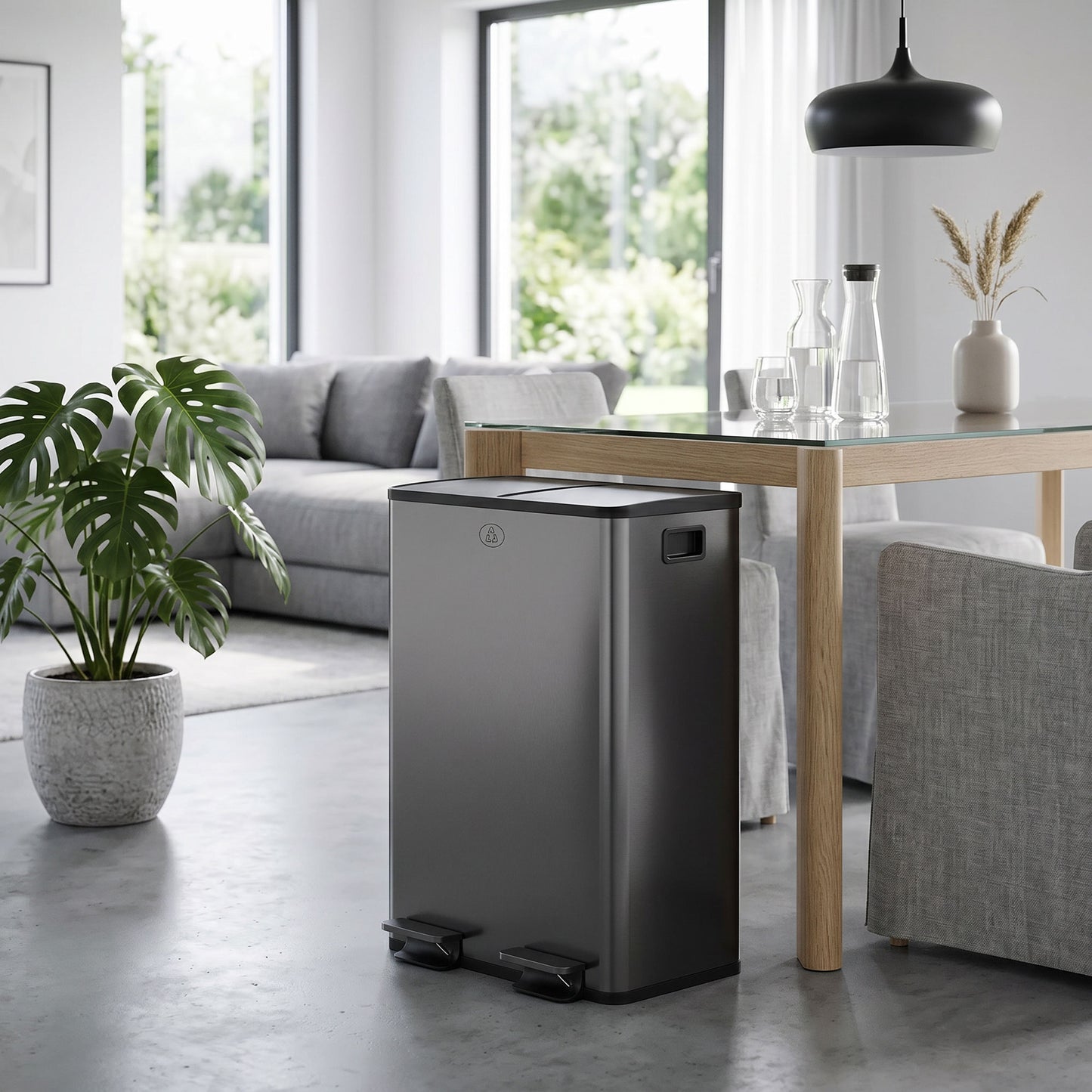 56L Dual Compartment Stainless Steel Bin, with Deodoriser Holders - Black