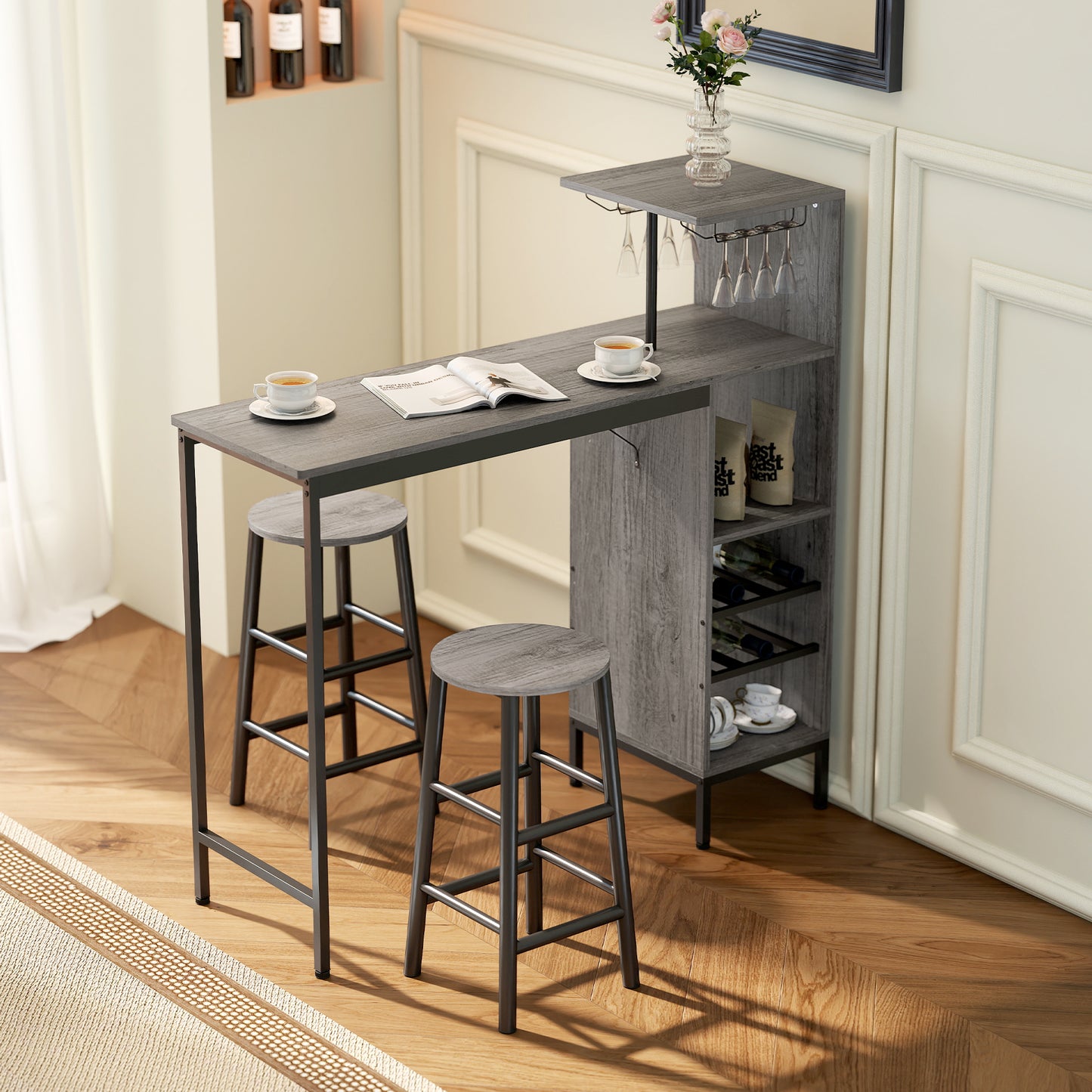 3 Pieces Dining Room Set, 2 Round Stools with Footrest, 6-Tier Dining Table with Storage Shelves, Natural