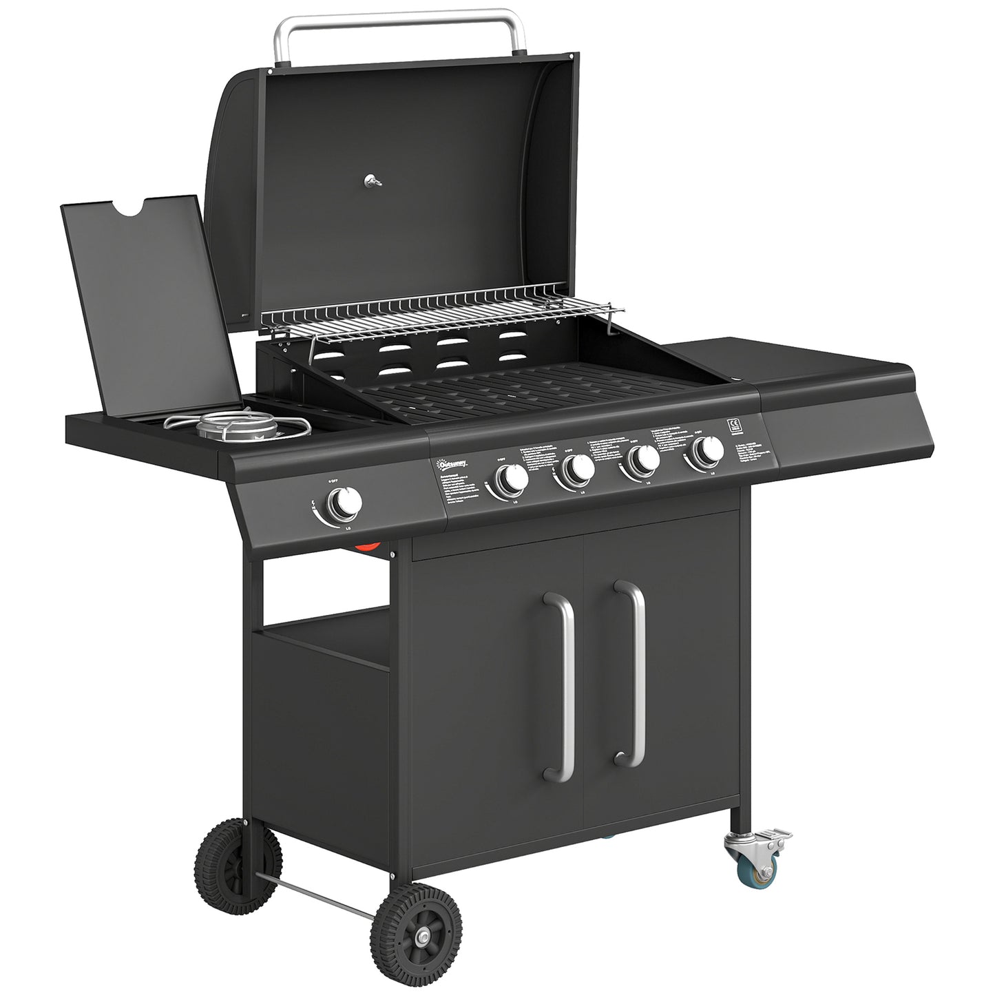 4+1 Burner Gas BBQ Grill with Storage Cabinet, 15.2 kW Gas Barbecue Trolley with Side Table, 4 Wheels, Warming Rack