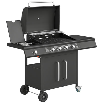 4+1 Burner Gas BBQ Grill with Storage Cabinet, 15.2 kW Gas Barbecue Trolley with Side Table, 4 Wheels, Warming Rack