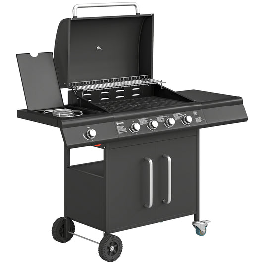 4+1 Burner Gas BBQ Grill with Storage Cabinet, 15.2 kW Gas Barbecue Trolley with Side Table, 4 Wheels, Warming Rack