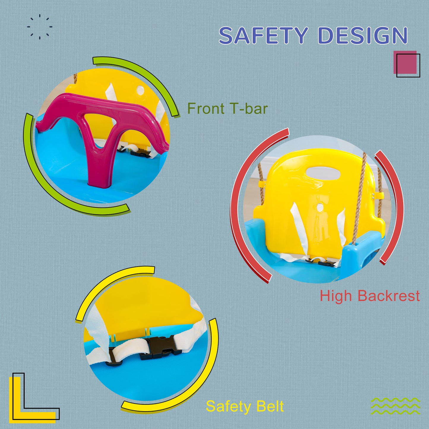 3 in 1 Detachable Kids Swing Seat with Seatbelt, Adjustable Rope for Indoor, Outdoor, Light Blue