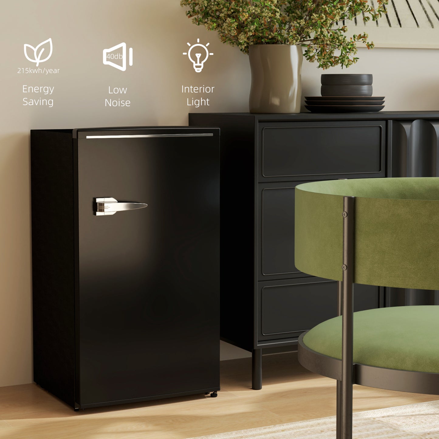 Under Counter Fridge, 85L Small Retro Refrigerator with Chiller Box, Adjustable Thermostat, Glass Shelves, Black