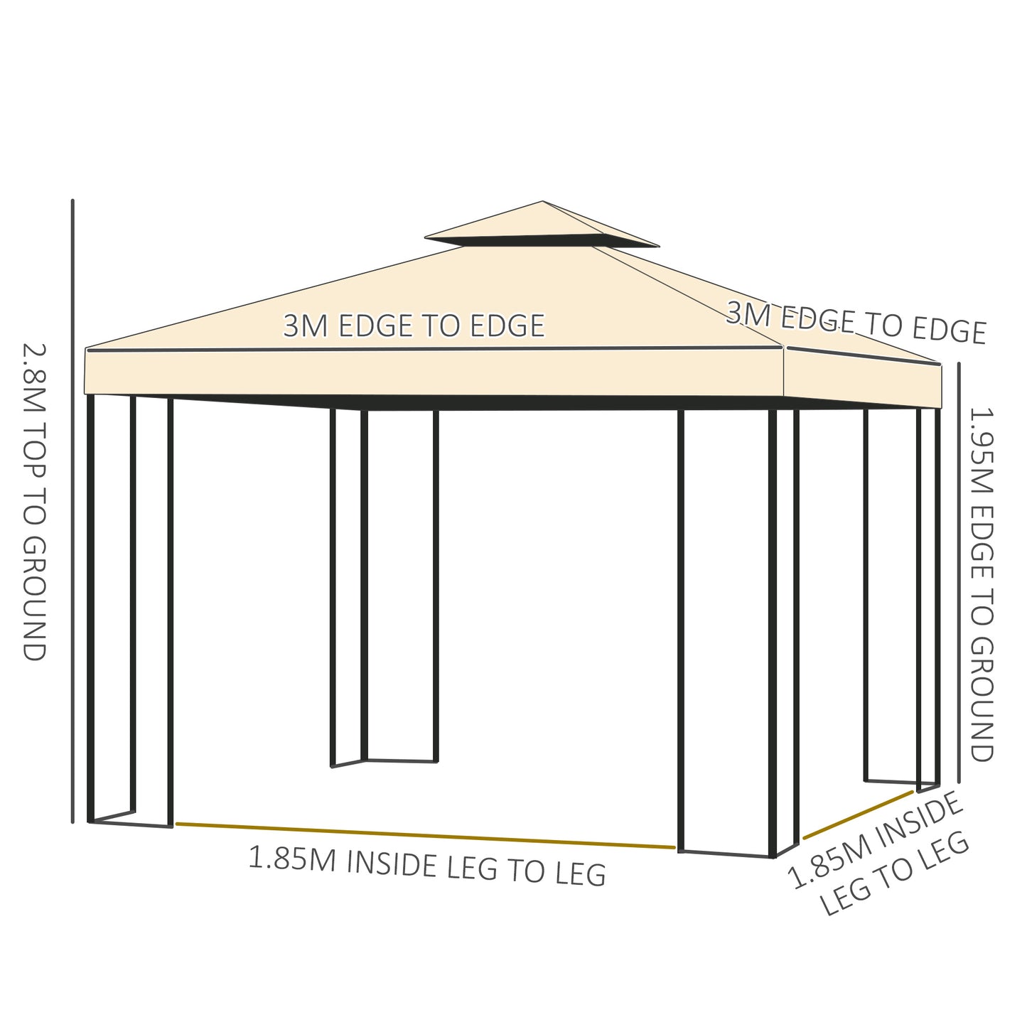 3(m) x 3(m) Garden Gazebo, Double Roof Outdoor Gazebo Canopy Shelter with Netting, Solid Steel Frame, for Garden