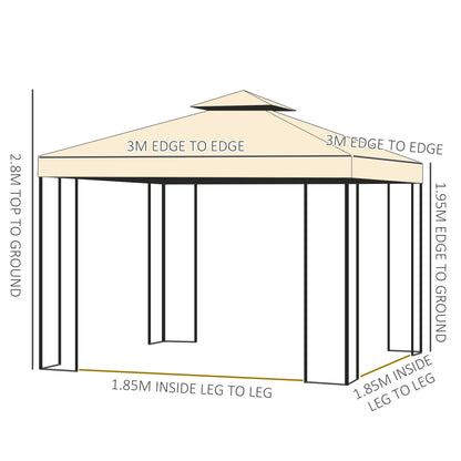3(m) x 3(m) Garden Gazebo, Double Roof Outdoor Gazebo Canopy Shelter with Netting, Solid Steel Frame, for Garden