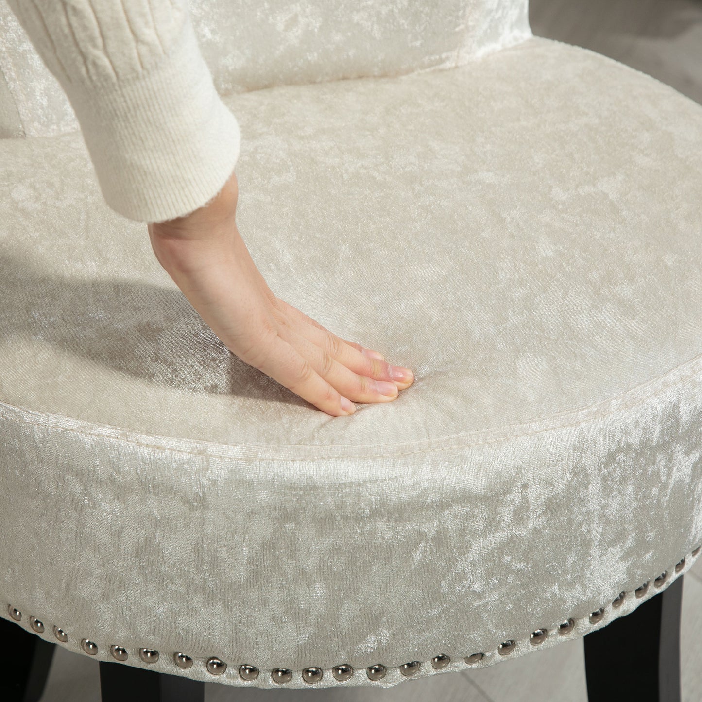 Dressing Table Stool with Rubber Wood Legs, Ice Velvet Vanity Stool for Living Room Bedroom, Beige