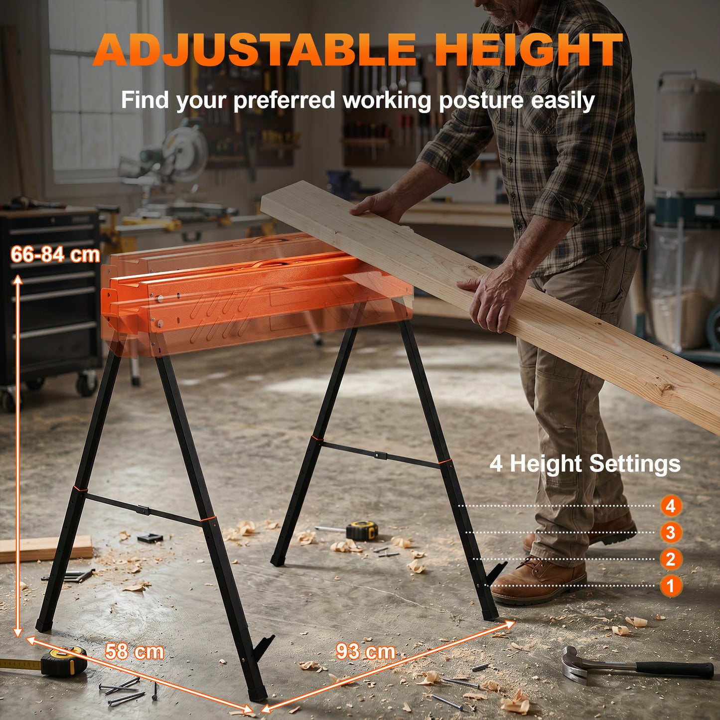 Saw Horses Twin Pack, Folding Work Bench Sawhorses with Height Adjustable Legs, 2x4 Bracket, Orange