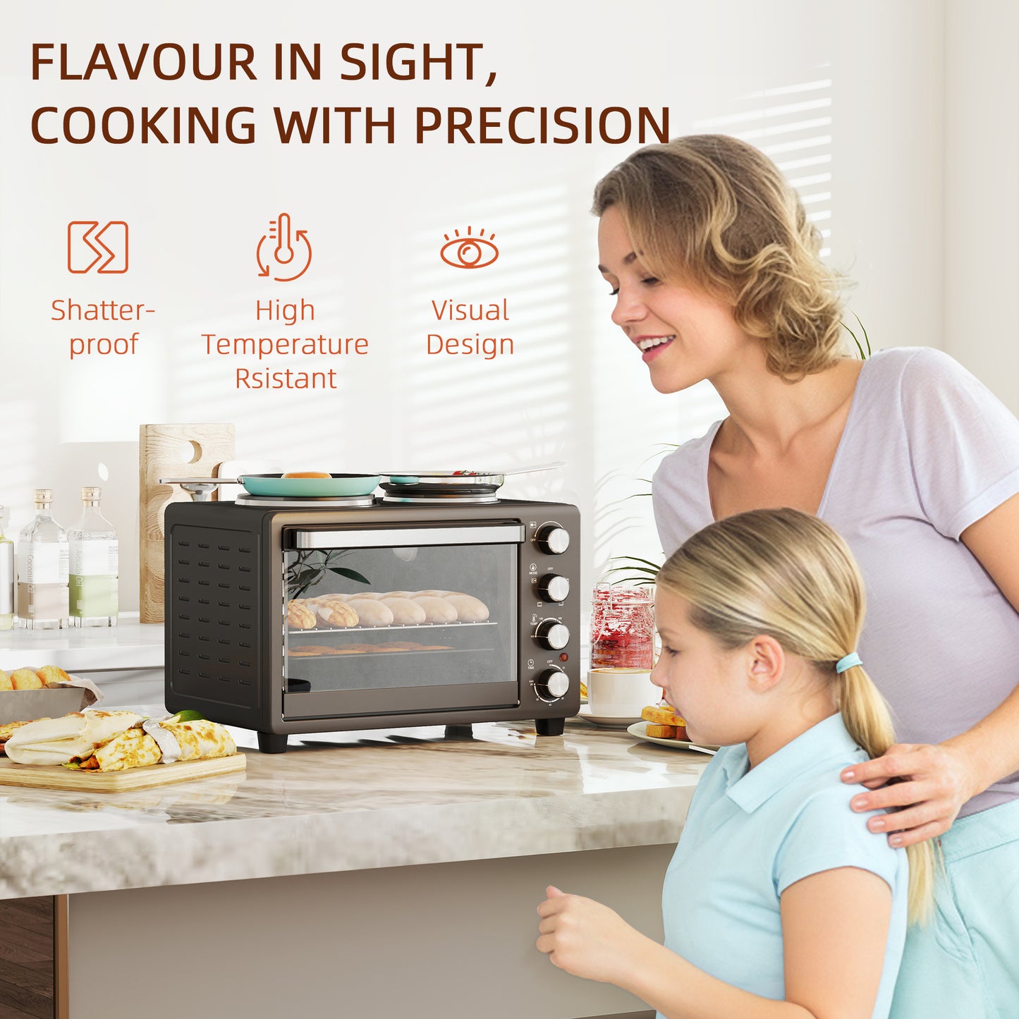 28L Toaster Oven with Double Hotplate, 1600W Countertop MIni Oven with 60 Minute Timer & 230°C Temp Control