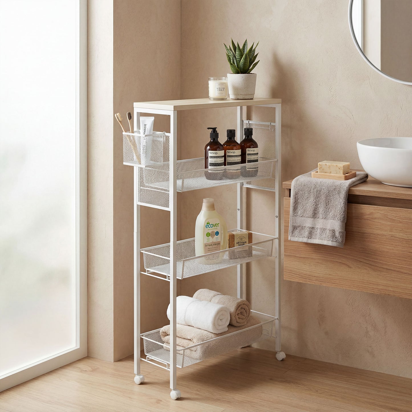 3-Tier Kitchen Cart with 3 Steel Wire Baskets - White