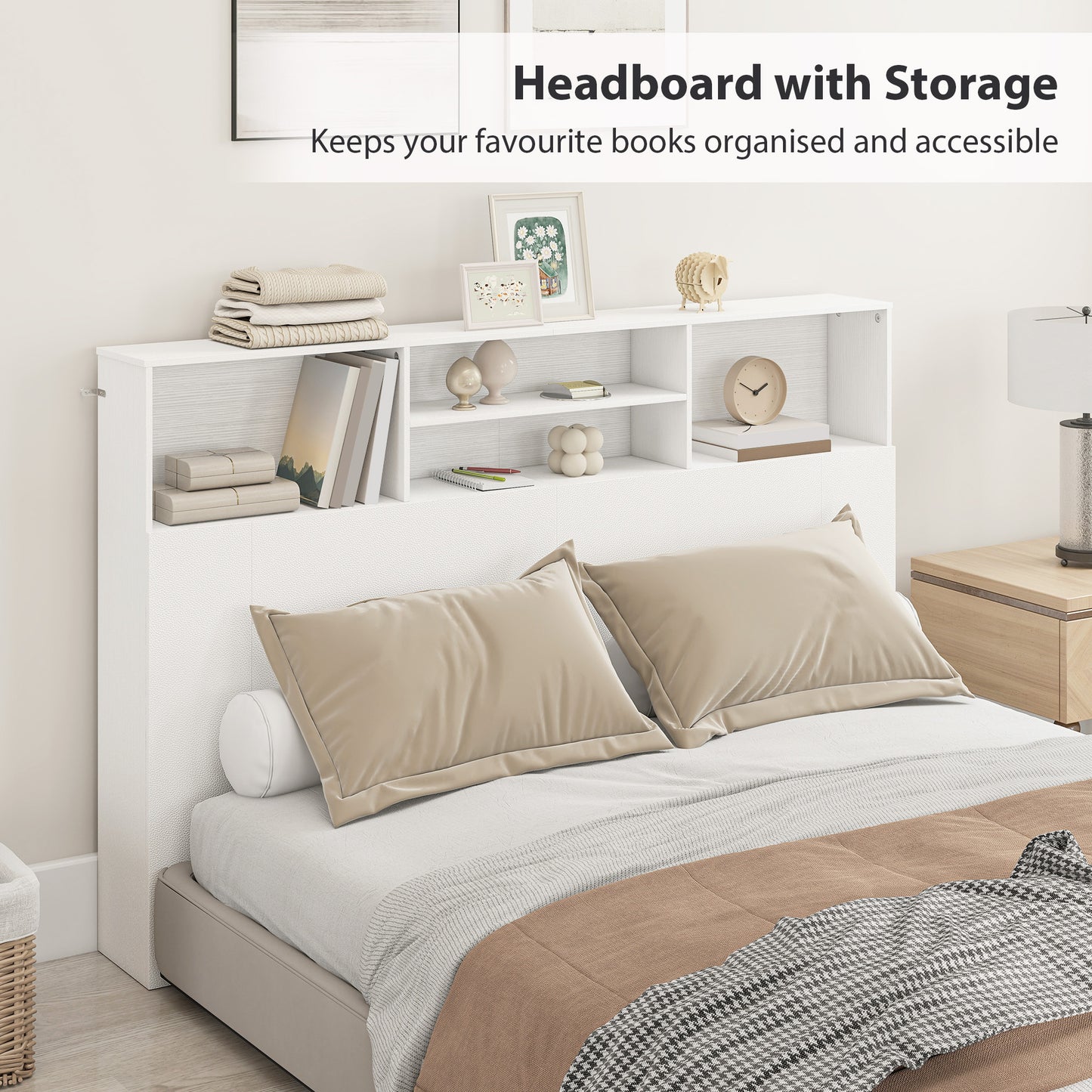 King-Size Headboard with Storage, Freestanding Bed Headboard with 4 Open Compartments for Bedroom, White
