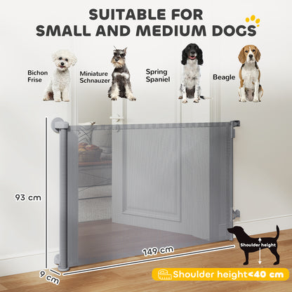 Retractable Dog Gate, Extends to 140 cm Wide & 93 cm Tall, Mesh Pet Gate with Single Hand Operation, for Stairs Doorways