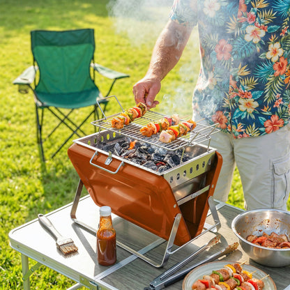 Charcoal BBQ Grill Portable Stainless Steel Barbecue with Tilting Grate for Camping Picnic Garden Orange