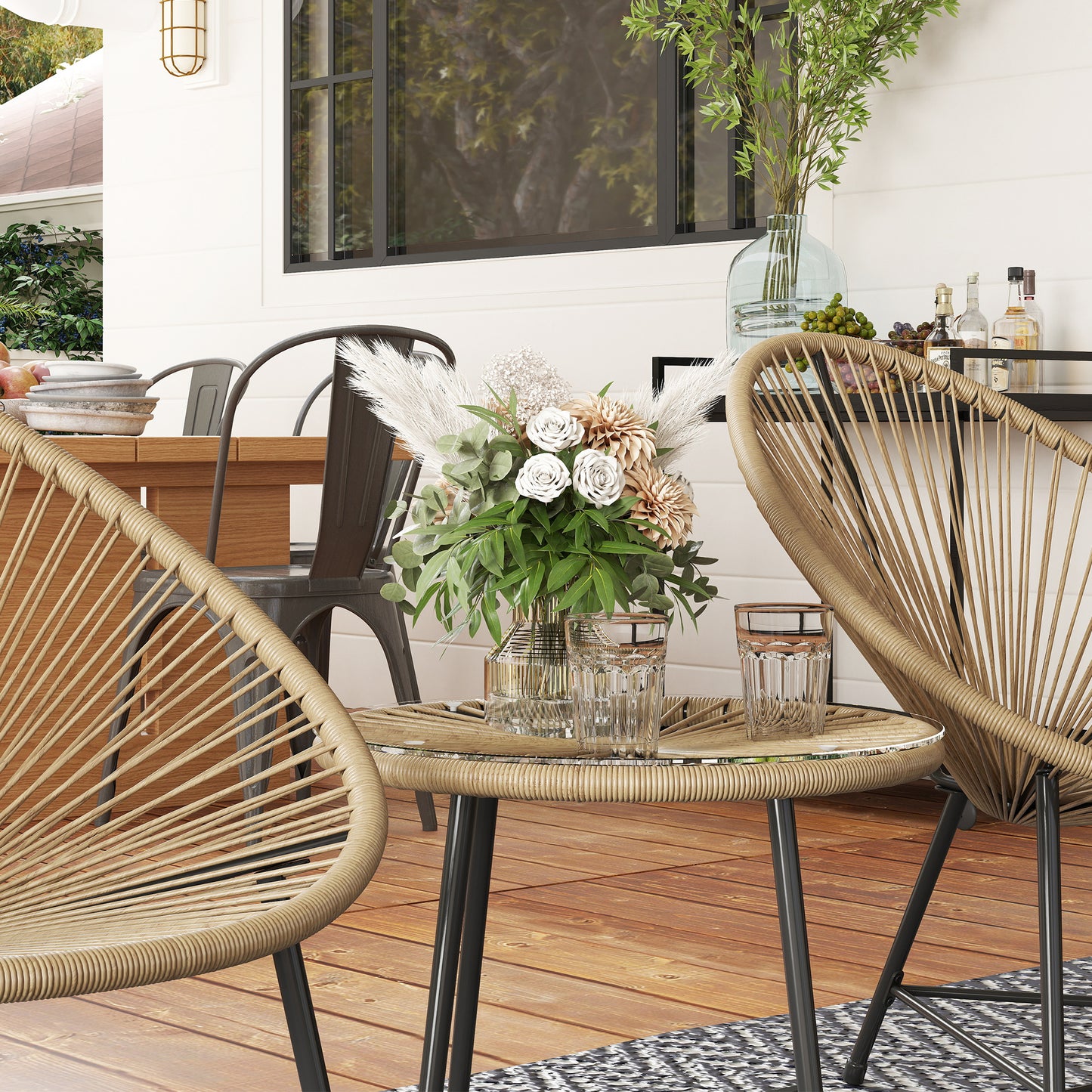3 Pieces Rattan Bistro Set, Garden Bistro Set with Acapulco Chairs and Glass Top Table, Small Garden Furniture Set