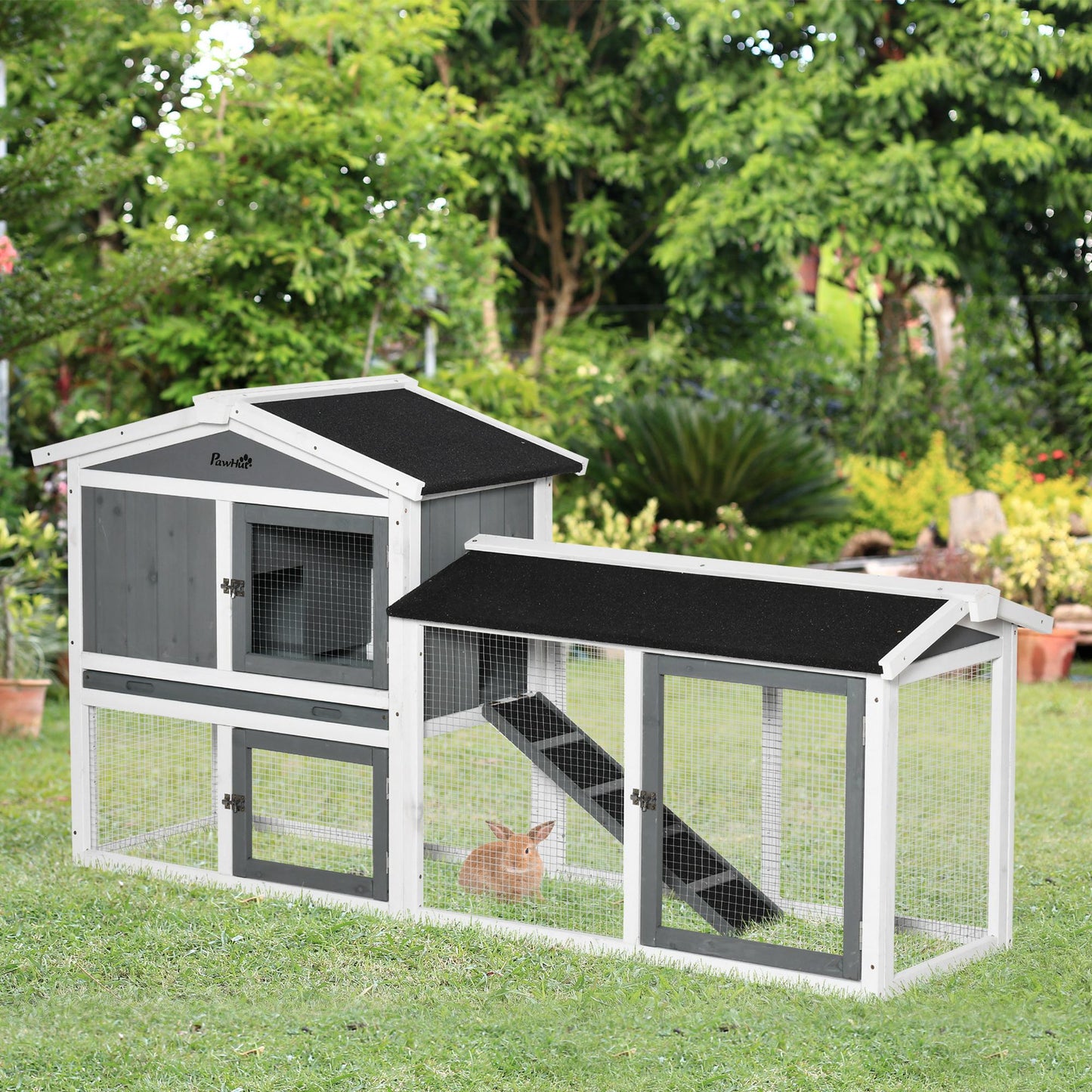 Rabbit Hutch Outdoor, 2-Tier Guinea Pig Hutch, Wooden Small Animal House with Rabbit Run Box, Slide-out Tray, Ramp