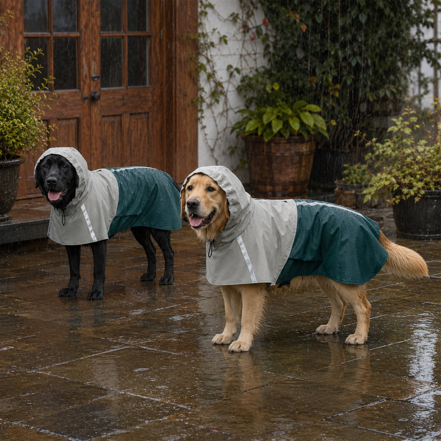 Dog Raincoat with Hood, Waterproof & Breathable Rain Jacket with Leash Hole, for Large Dogs, Green, L