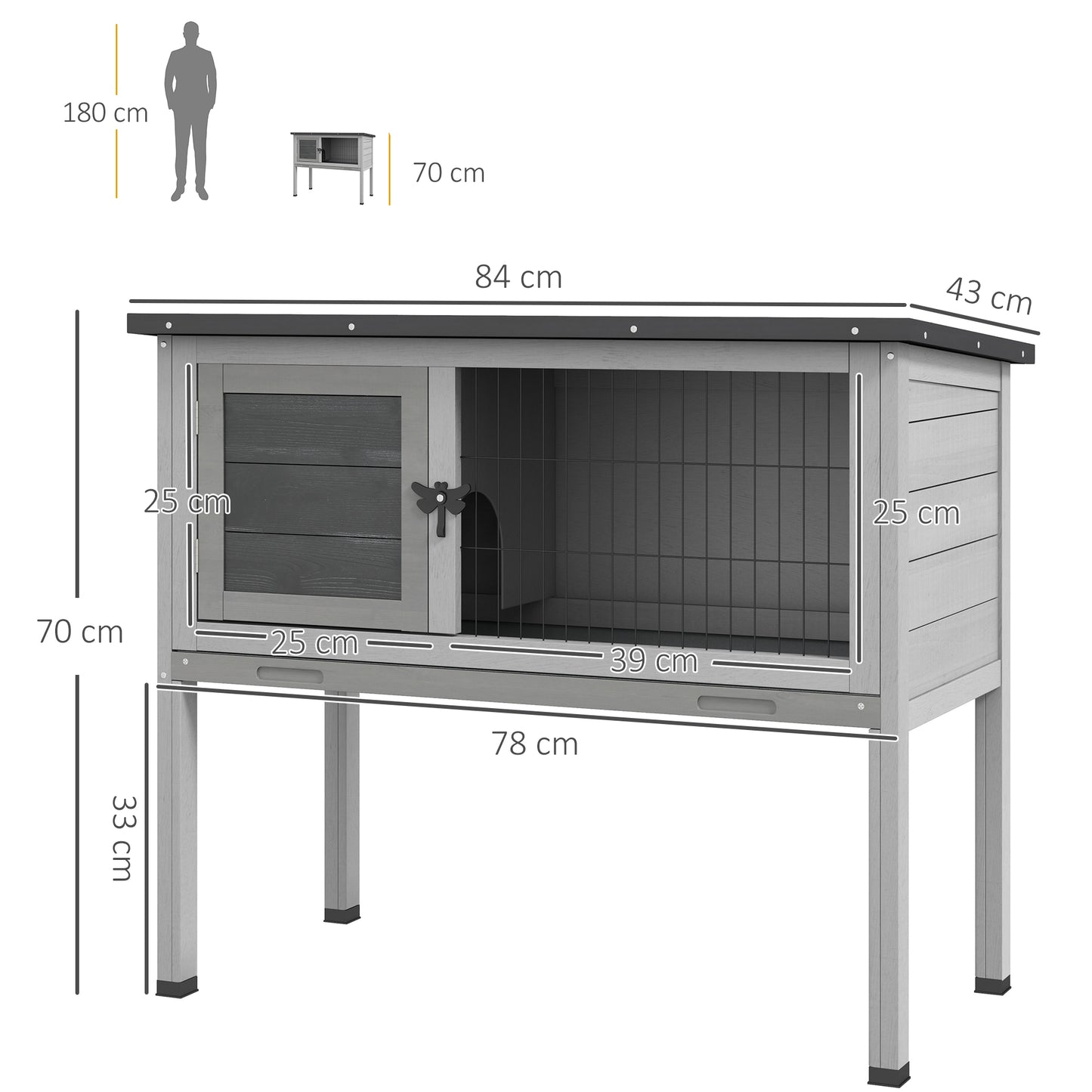 Wooden Guinea Pig Hutch, Small Animal Cage with Slide-out Tray, Openable Asphalt Roof, 84 x 43 x 70cm, Grey