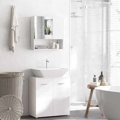 Bathroom Mirror Cabinet Wall-Mounted Storage w/ Double Door Adjustable Shelf - White