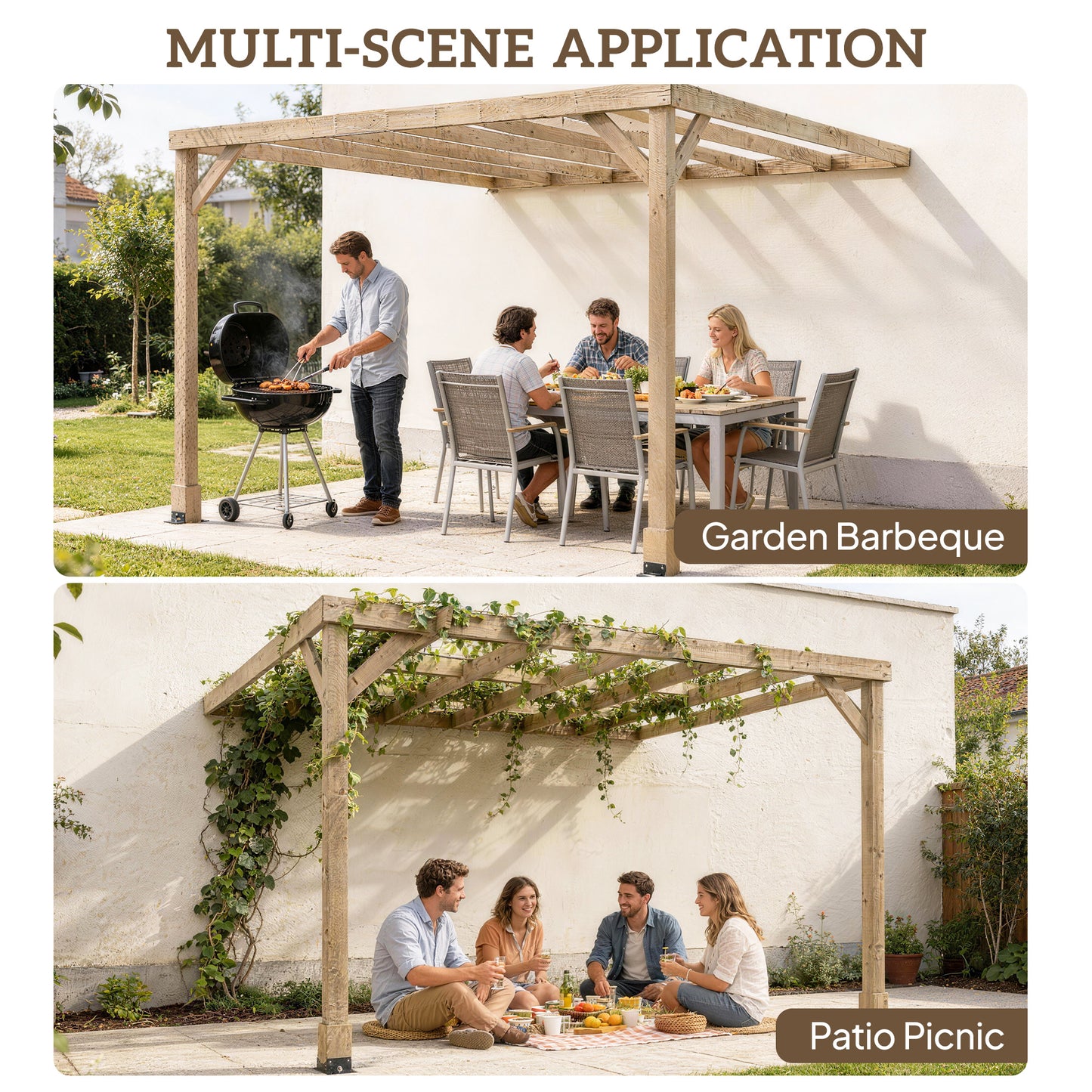 Lean-To Wooden Pergola Kit, Decorative Garden Gazebo with Stable Structure and Concrete Anchors, 3 x 3 m, Light Brown
