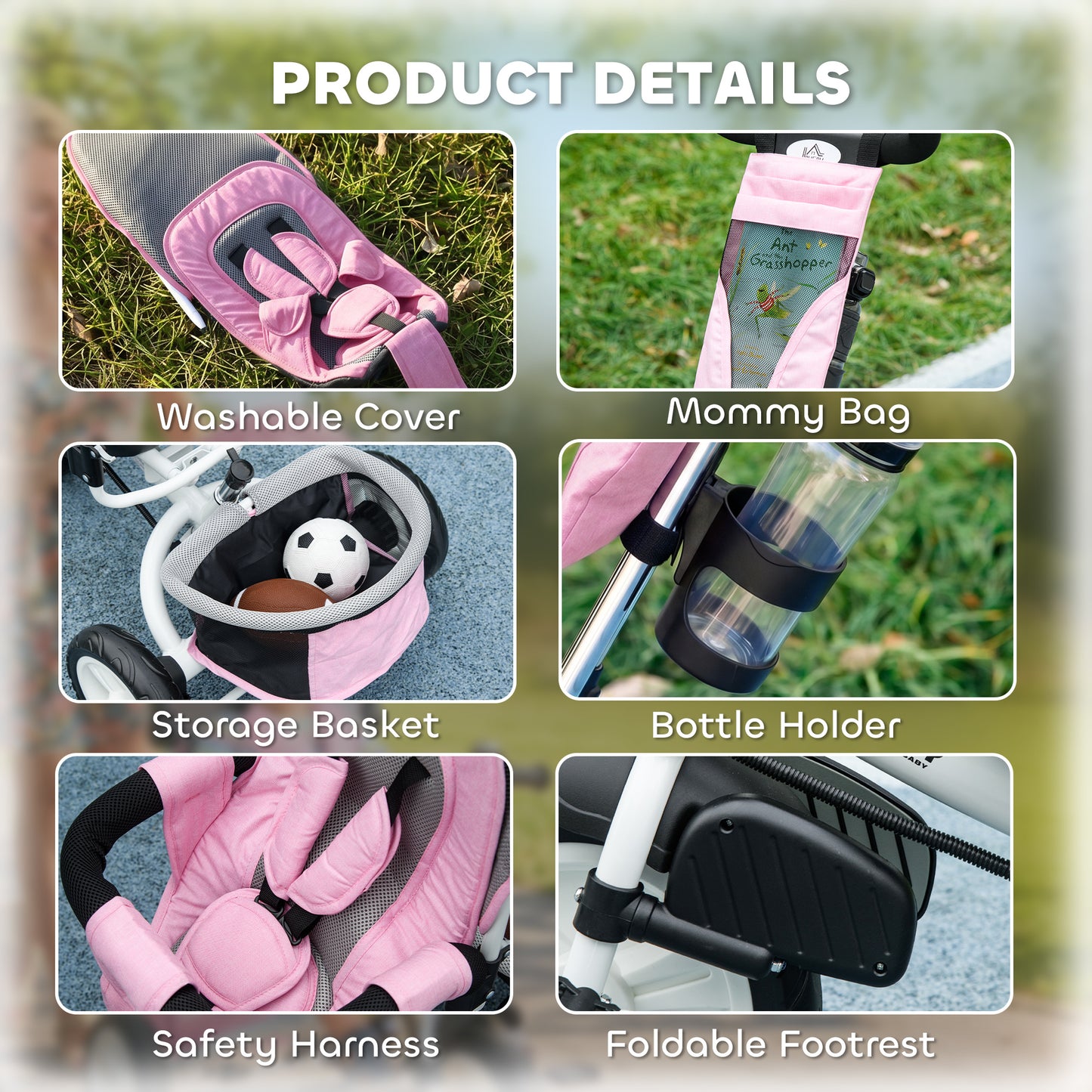 6 in 1 Kids Trike with Parent Handle, Canopy, 5-point Seat Belt, Storage, Footrest, Brake, for 1-5 Years, Pink