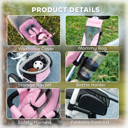 6 in 1 Kids Trike with Parent Handle, Canopy, 5-point Seat Belt, Storage, Footrest, Brake, for 1-5 Years, Pink