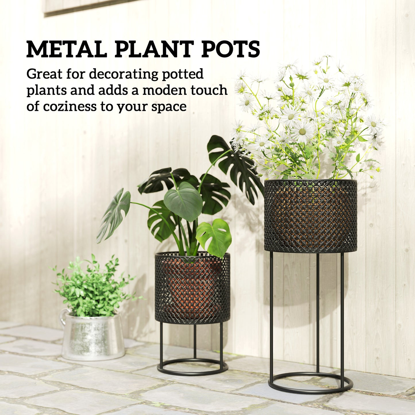 Metal Plant Pots Set of 2 with Hollow Design Flower Planters for Garden Balcony Black