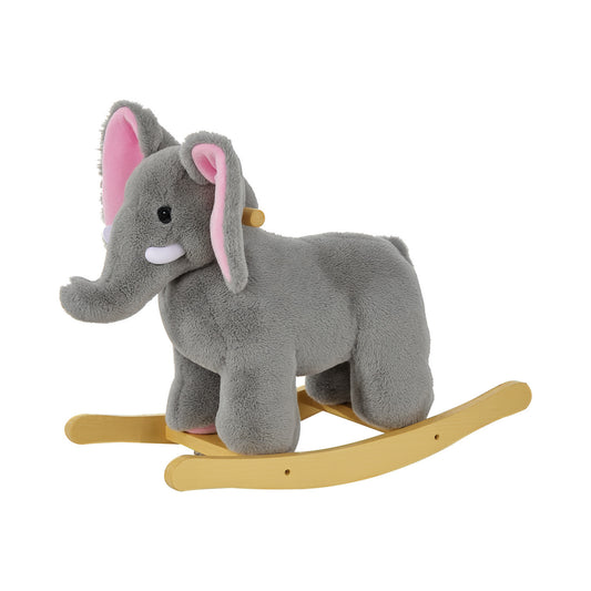 Kids Children Rocking Horse Plush Ride on Animal Wooden Riding Traditional Rocker Gift w/32 nursery rhymes (Grey Elephant)