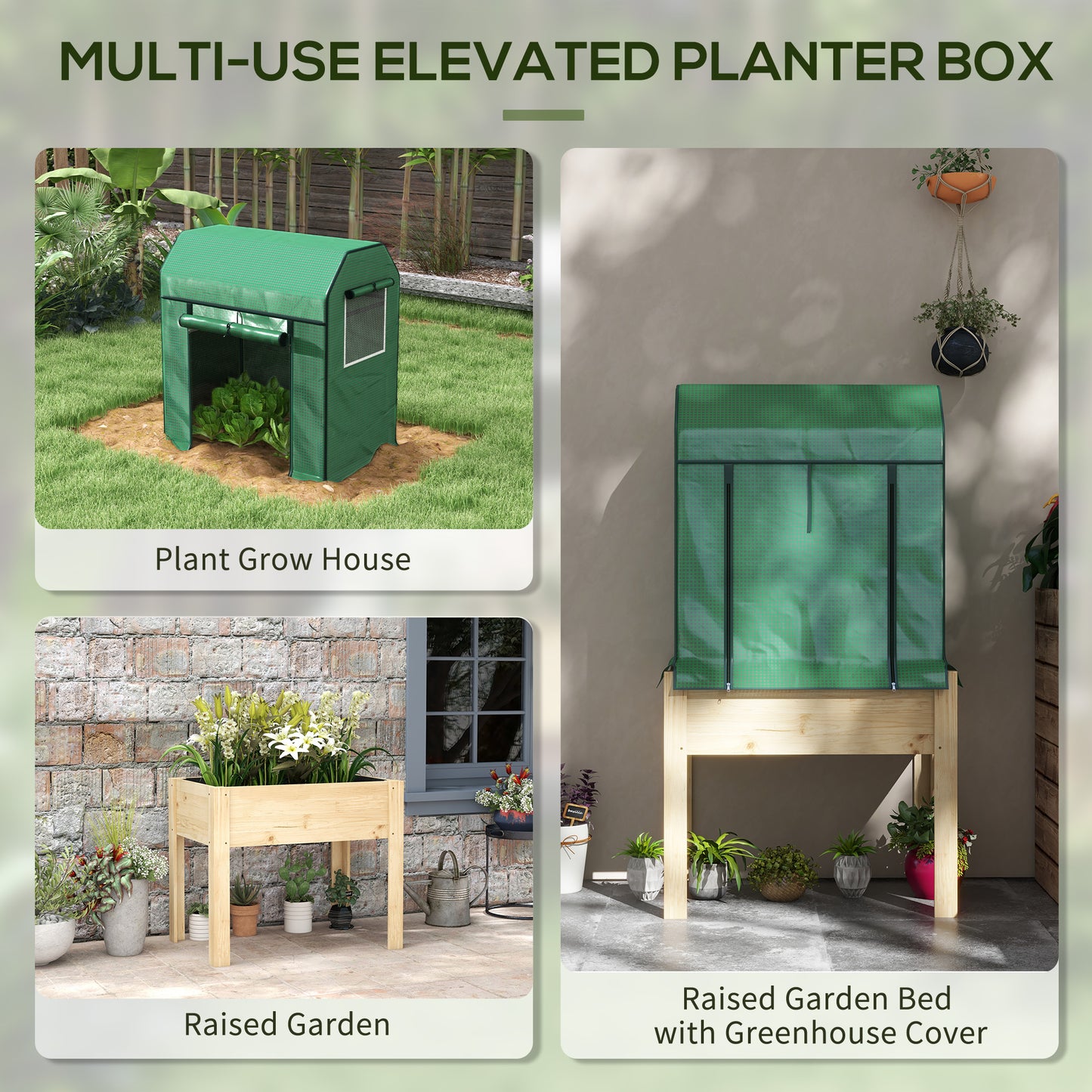 Wooden Planter Box with PE Greenhouse Cover and Bed Liner, Raised Garden Bed for Vegetables, Flowers, Herbs