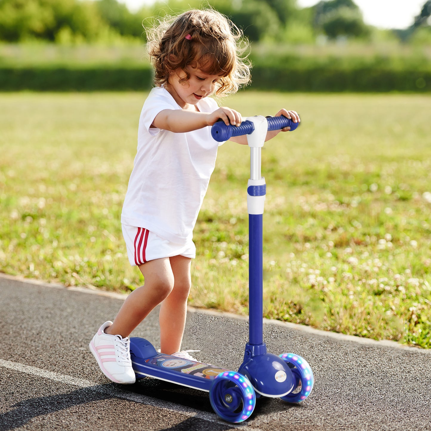 Kids 3 Wheel Scooter for 2-6 Years Old w/ Adjustable Height, LED Light, TPE Handlebar, Blue
