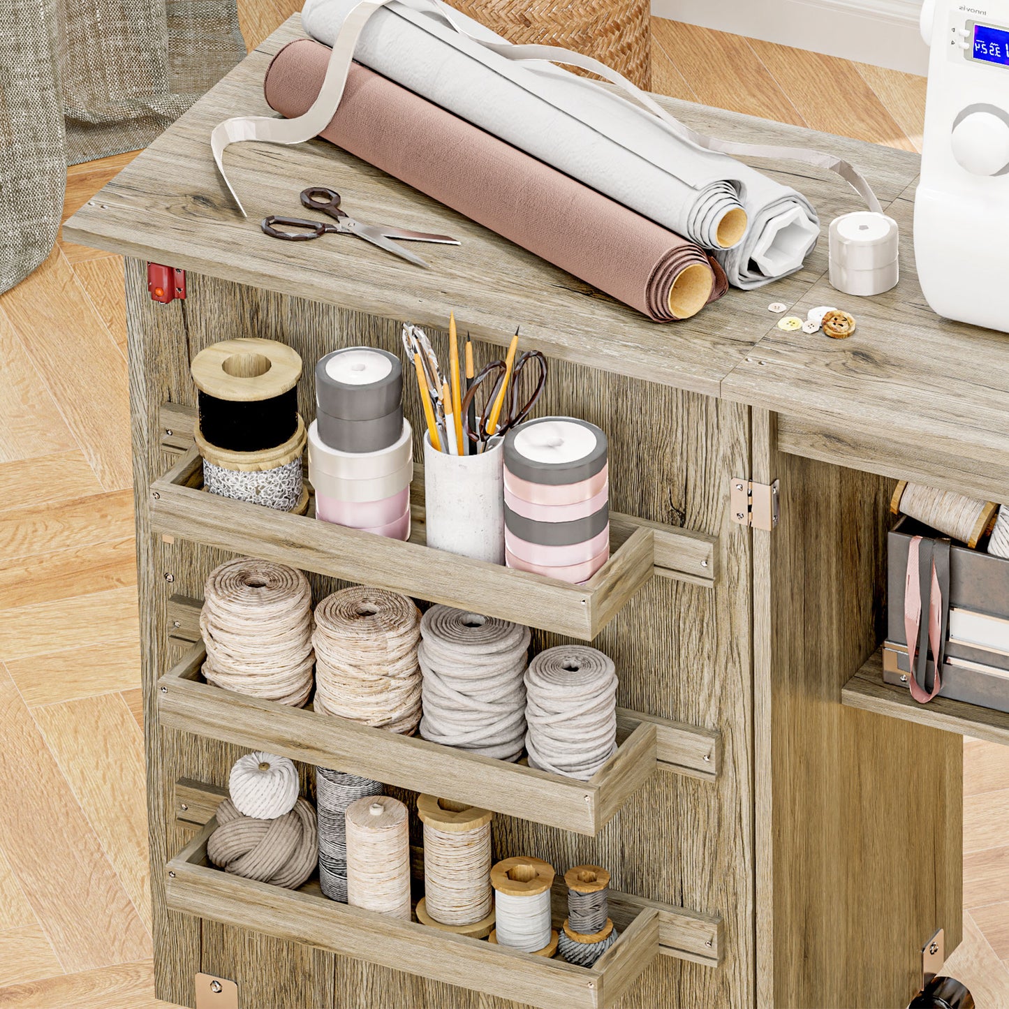 Folding Sewing Table, Drop Leaf Craft Table with Storage Bins, Open Shelf and Wheels