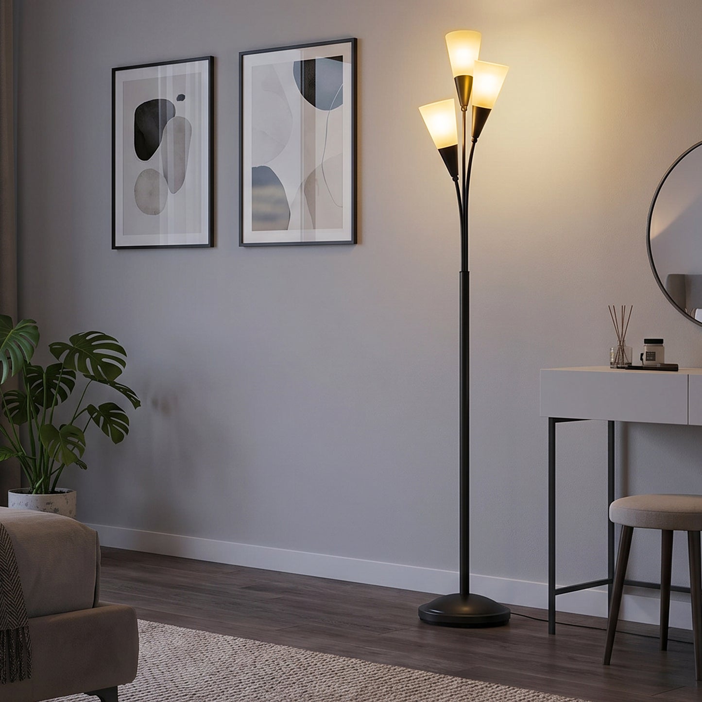 Modern Standing Lamp, 3-Light Upright Floor Lamps for Living Room, Black