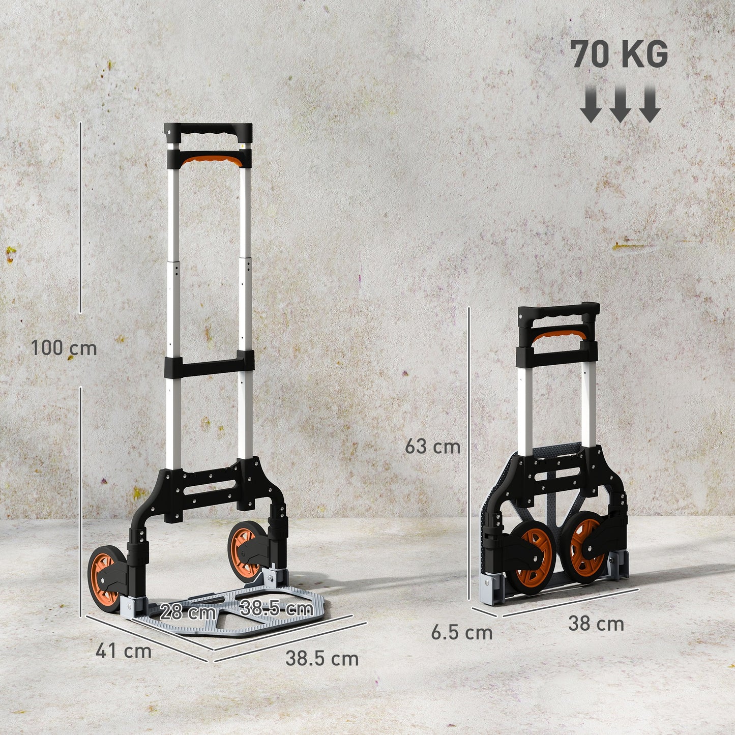 Folding Sack Truck, 70kg Lightweight Hand Truck with Wheels, Foldable Trolley Cart with Telescoping Handle for Warehouse