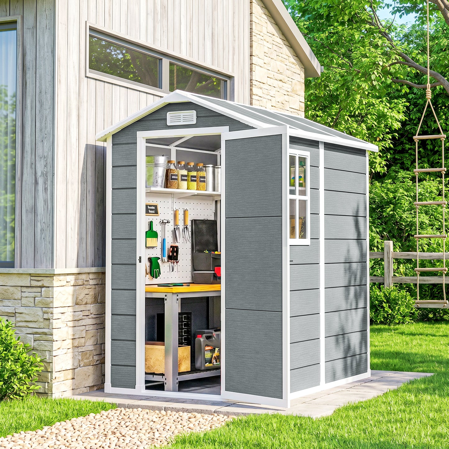 4 x 6ft Garden Shed, Plastic Shed with Floor, Window, Lockable Door and Vents, Resin Tool Shed for Outdoor Patio Storage