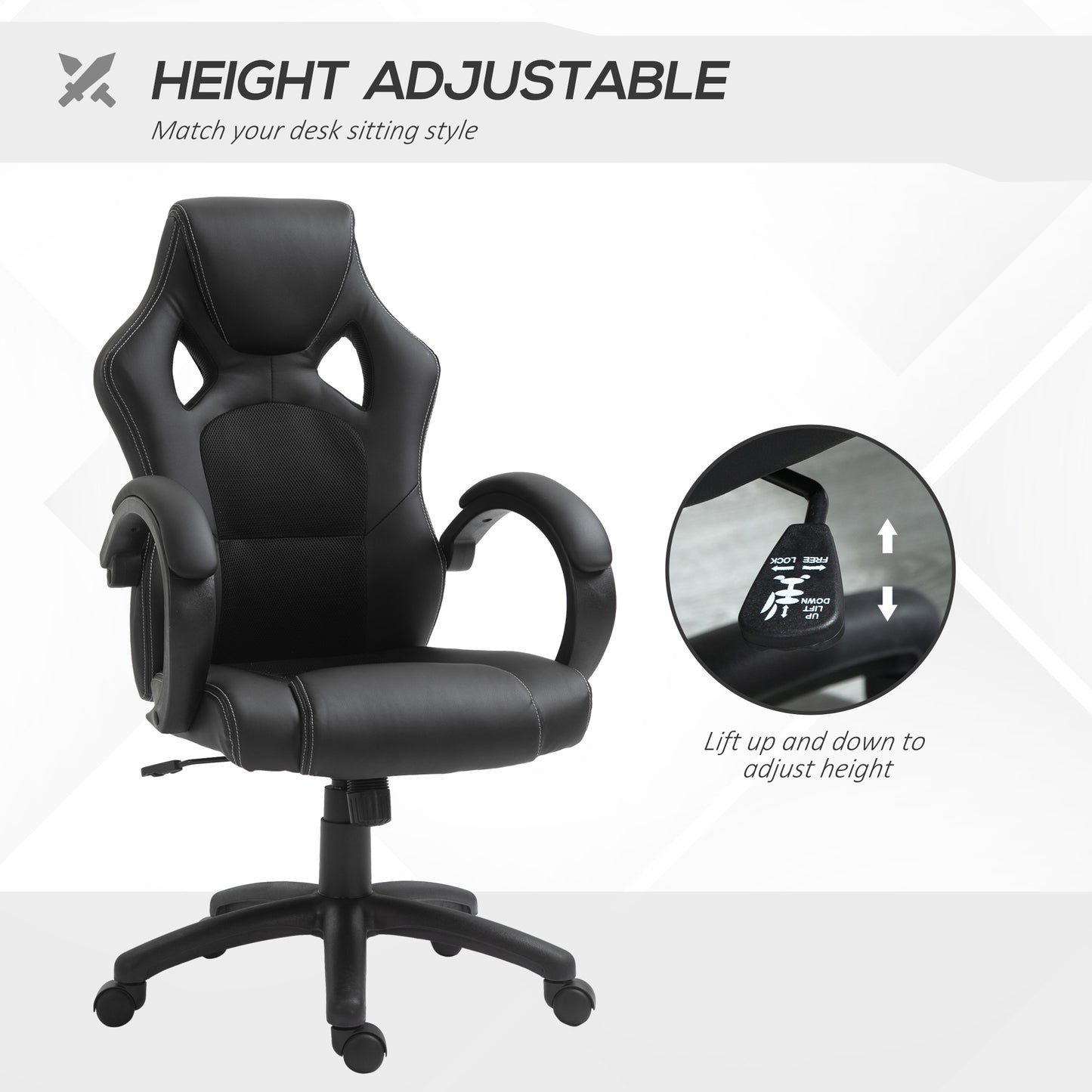 Office Chair Faux Leather Swivel Computer Desk Chair for Home Office with Wheels Armrests Black