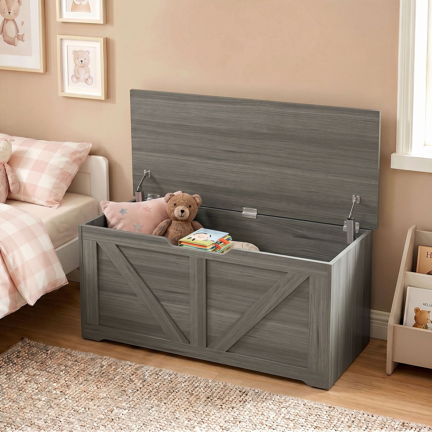 127L Home Storage Box, with Safety Hinges - Dark Grey Wood-Effect