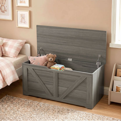 127L Home Storage Box, with Safety Hinges - Dark Grey Wood-Effect