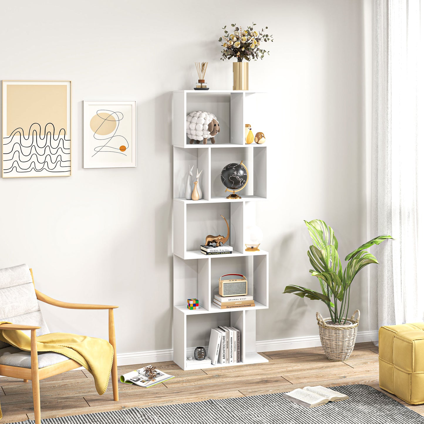 Bookcase, S-Shaped Wooden Bookshelf, 5 Tiers Freestanding Storage Shelf, Home Office Display Stand Rack, White