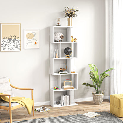Bookcase, S-Shaped Wooden Bookshelf, 5 Tiers Freestanding Storage Shelf, Home Office Display Stand Rack, White