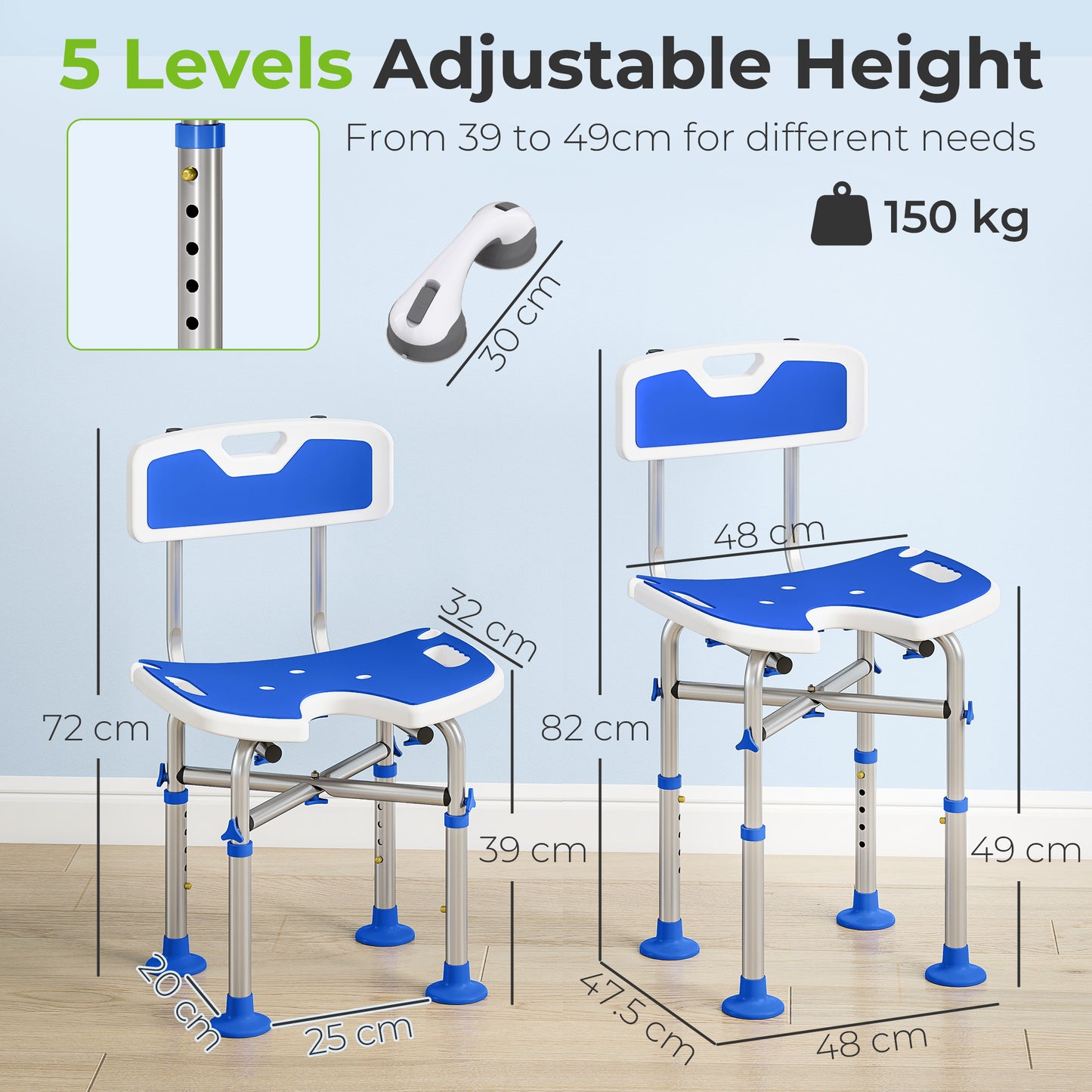 Shower Chair with U-Shaped Cutout, Height Adjustable Bath Bench, Padded Shower Stool for Elderly, Senior, Disabled, Blue
