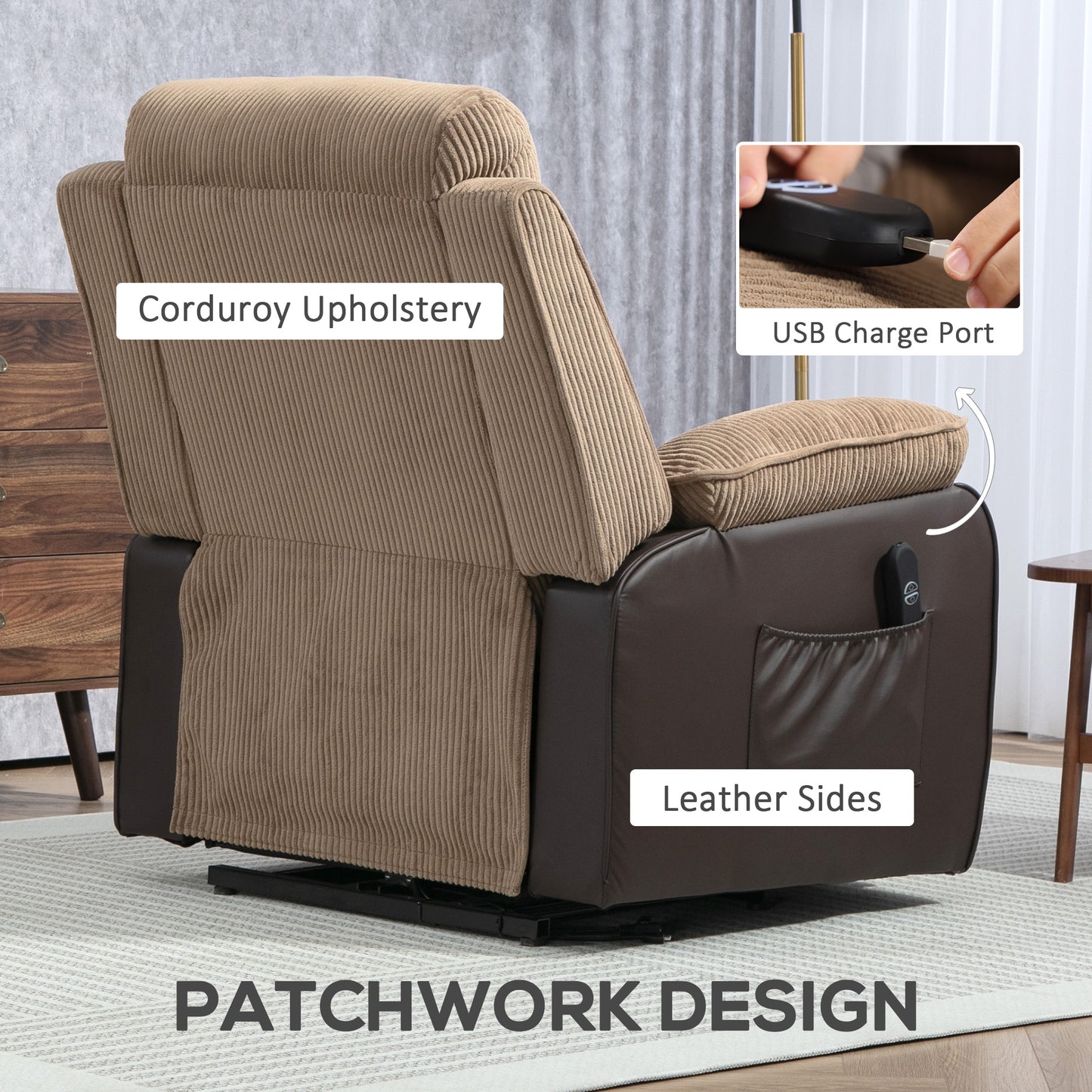 Overstuffed Corduroy Electric Lift Recliner Chair - Brown