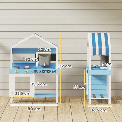Kids Mud Kitchen Outdoor with Stoves, Sink, Faucet, Storage Shelves, Cookware Accessories for Boys Girls, Blue