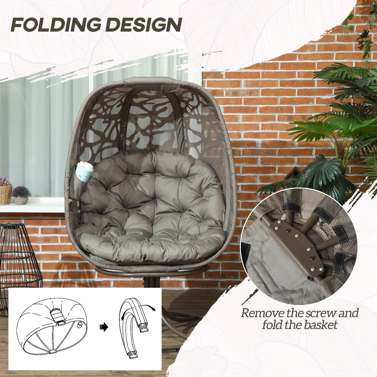 Swivel Egg Chair with Cushions, Foldable Basket Seat and Metal Frame, Indoor Outdoor Lounge Chair for Balcony, Poolside
