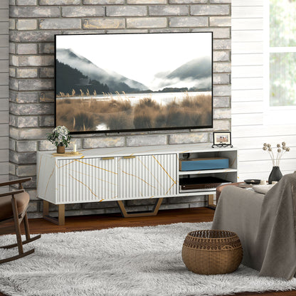 Marble Effect TV Unit, Modern TV Stand Cabinet for up to 70" TVs, with Shelves and Storage Cupboard, Fluted Door