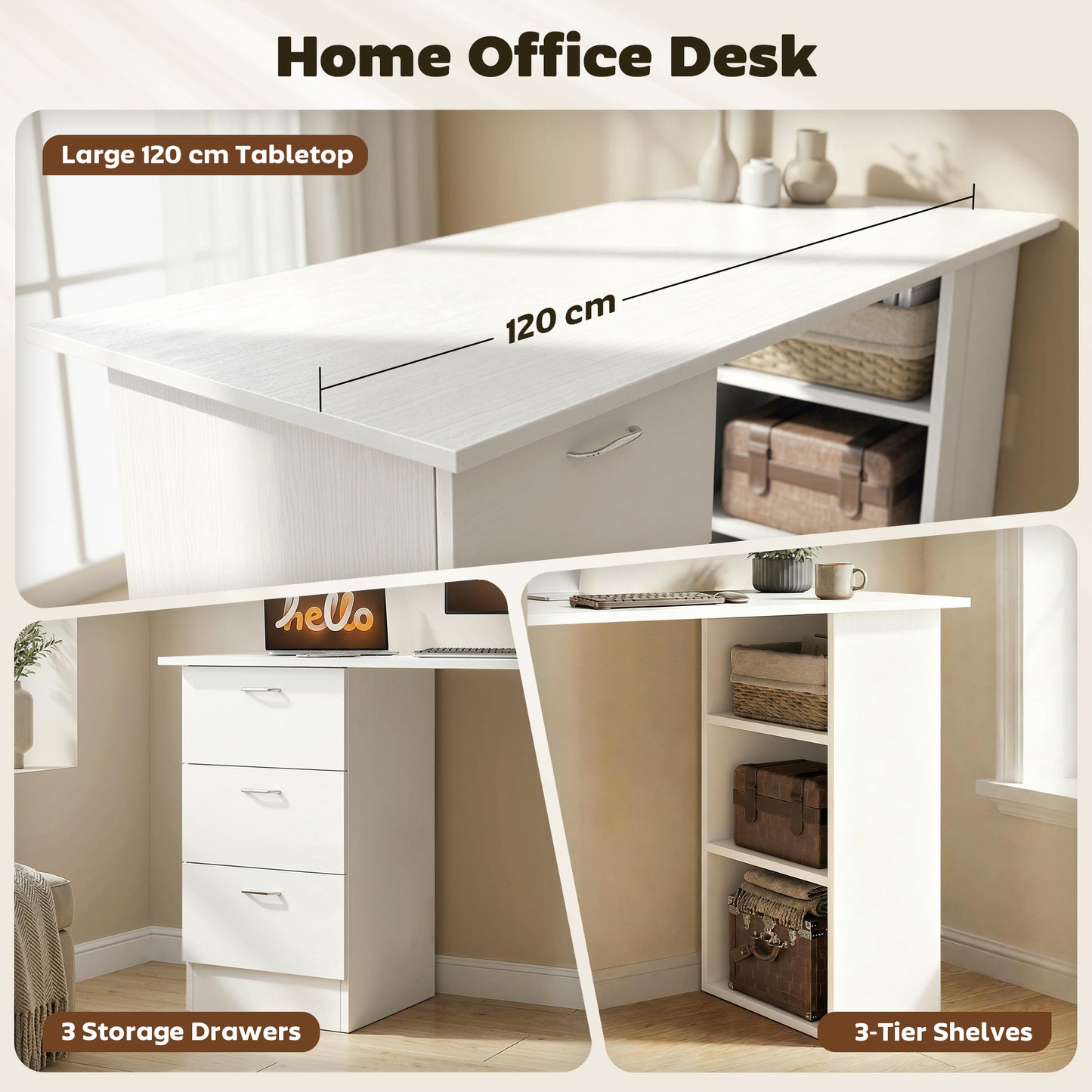 Computer Desk with Drawers, Home Office Desk, Writing Table, PC Workstation with 3 Storage Shelves for Working, Study