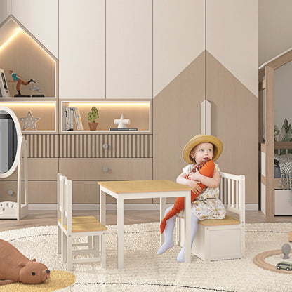 4-Piece Kids Table and Chair Set with 2 Wooden Chairs, 1 Storage Bench, and Interesting Modern Design, Beige/White