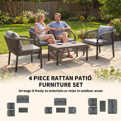 4 Piece Rattan Garden Furniture Set with Loveseat, Armchairs, Table, Steel Frame Wicker Patio Conversation Set, Grey