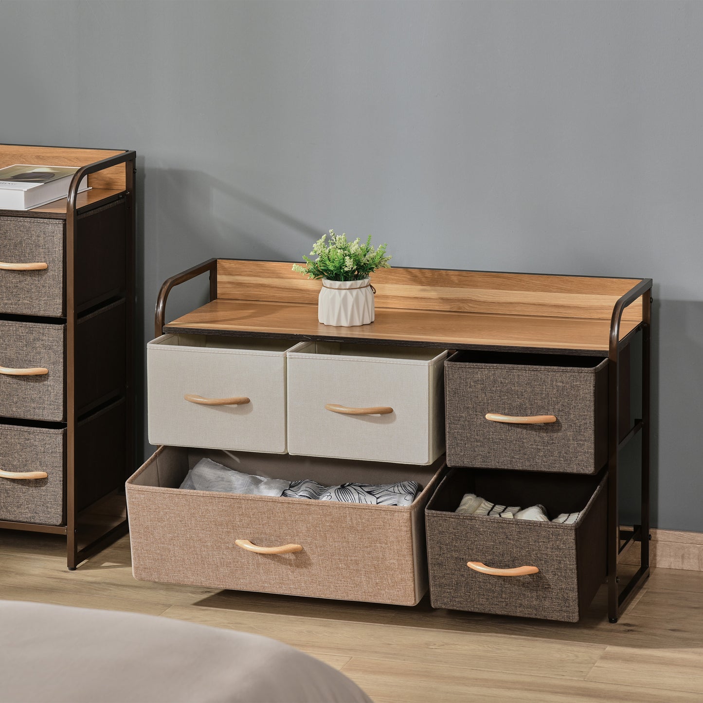 5-Drawer Dresser, Linen Fabric Chest of Drawers, Dresser Tower Unit for Bedroom Hallway Entryway