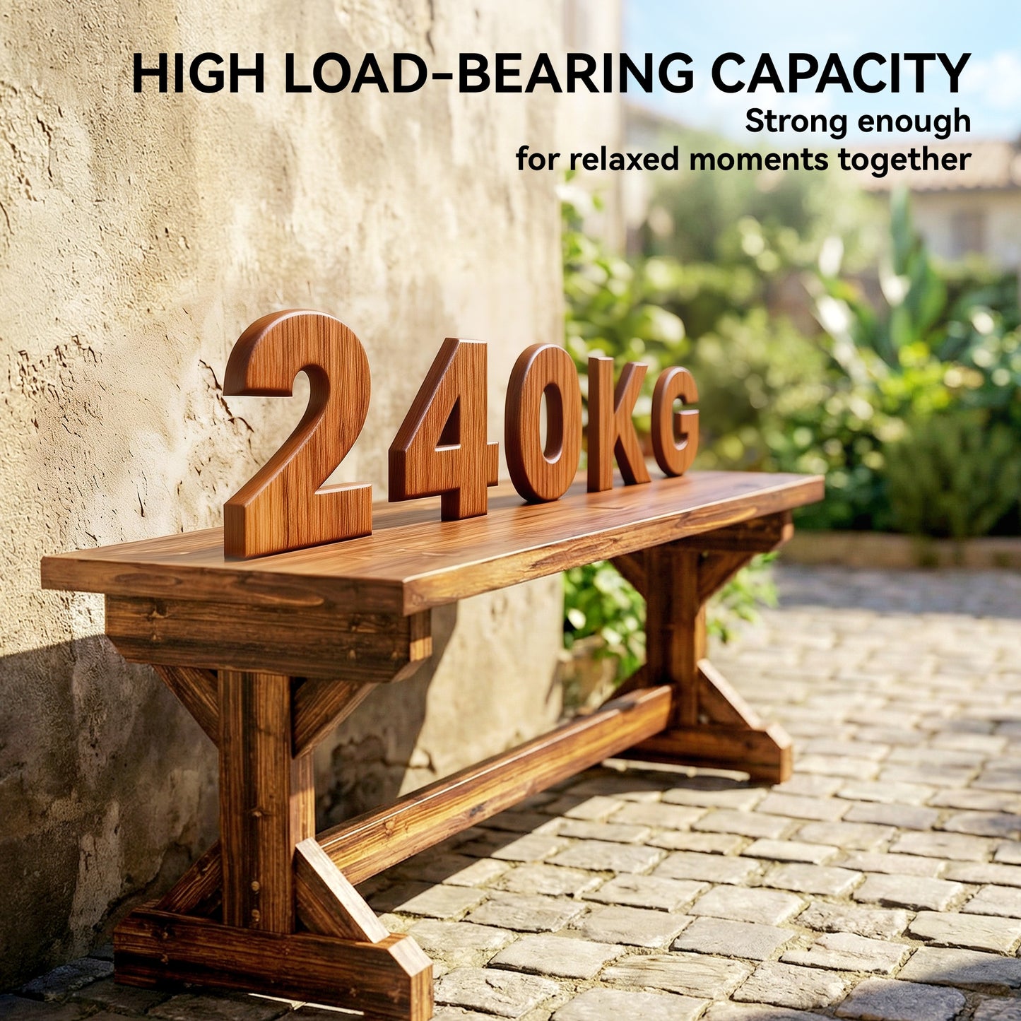 Rustic Wooden Garden Bench, Backless Outdoor Bench Patio Loveseat with X-Shape Base for Porch, Park, Carbonised Finish