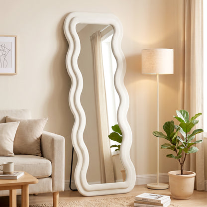 Full Length Mirror, 160 x 60 cm Wavy Full Body Wall Standing Mirror with Velvet Frame and Tempered Glass, Cream White